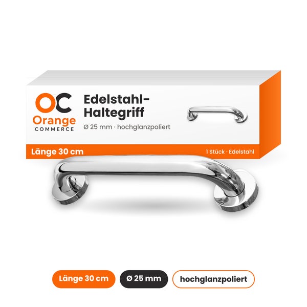 Edelstahl Haltegriff von Orange Commerce, 30 Zentimeter lang, 25 Millimeter Durchmesser, hochglanzpoliert, inklusive Verpackung.