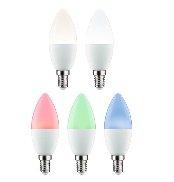 Fünf LED Tropfenlampen mit E14 Sockel und verschiedenen Lichtfarben