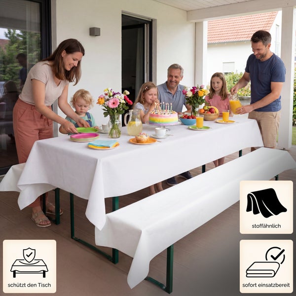 Familie beim Geburtstag auf der Terrasse an einem Biertisch mit weißer Tischdecke, schützt den Tisch, stoffähnlich und sofort einsatzbereit