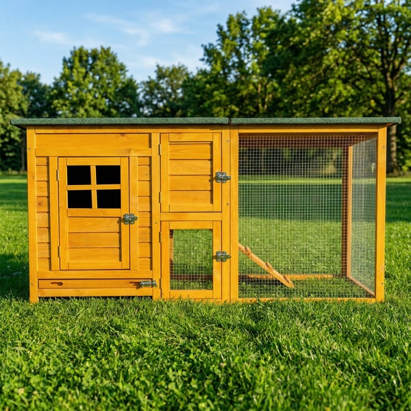 Kleintierstall aus Holz mit integriertem Freigehege, grünem Dach und Rampe auf einer Rasenfläche.