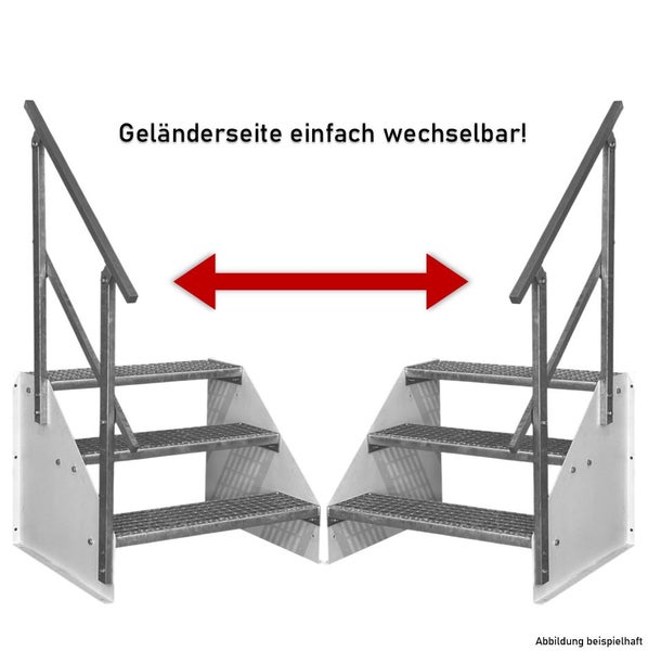 Außentreppe mit drei Stufen, Geländer variabel links oder rechts montierbar.