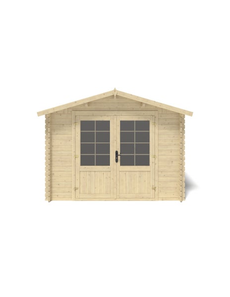 Gartenhaus aus Holz mit Satteldach und Doppelflügeltür mit Glaseinsätzen.