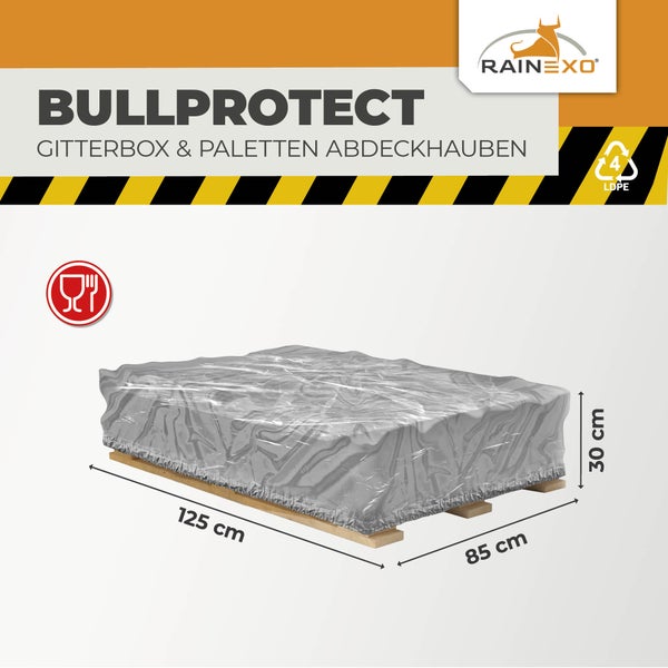 Rainexo Logo. Bullprotect Abdeckhaube für Gitterboxen und Paletten, lebensmittelecht, aus LDPE, Maße 125 mal 85 mal 30 Zentimeter.