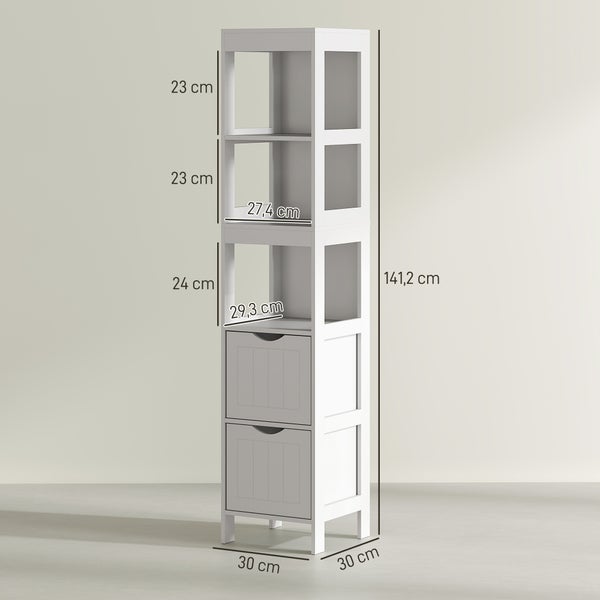 HOMCOM Badezimmerschrank schmal, Hochschrank Toilettenschrank mit 2 Schubladen und 3 offenen Fächern, Badschrank für kleine Räume Badezimmer, Wohnzimmer 30 x 30 x 141,2 cm Weiß
