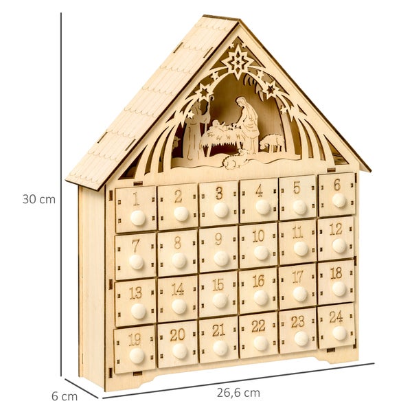 Adventskalender aus Holz in Hausform mit 24 Schubladen und Krippenmotiv oben, 30 mal 26,6 mal 6 Zentimeter.