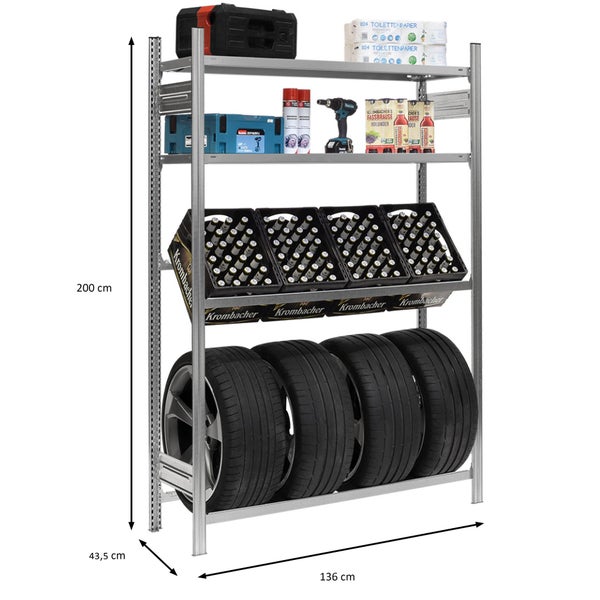 PROREGAL Getränkekistenregal & Reifenregal Chiemsee Tire Made In Germany HxBxT 200 x 136 x 43,5 cm 3 Kisten auf 1 Ebene & 4 Reifen & 2 Boards Verzinkt
