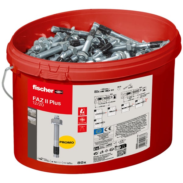 Roter Eimer mit Fischer FAZ II Plus Bolzenankern, Größe 12/20, Inhalt 80 Stück