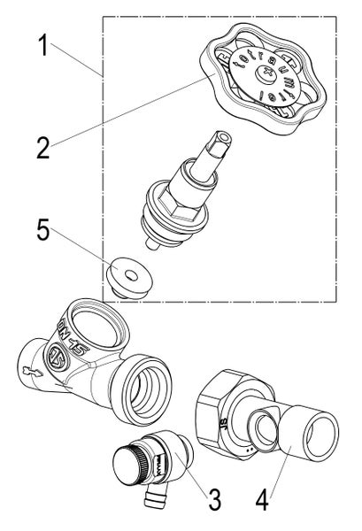 Explosionszeichnung eines totraumfreien Schrägsitzventils mit Handrad, Ventiloberteil, Dichtung und Entleerungsventil.