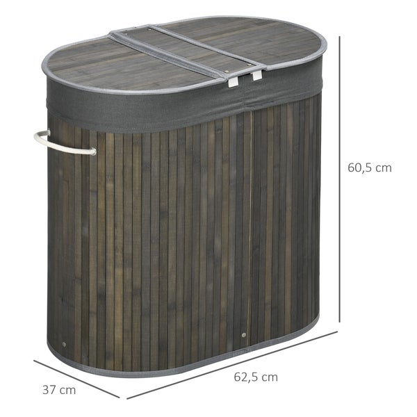 HOMCOM Bambus Wäschekorb mit Deckel 100L Wäschesammler mit Griffen, 2 herausnehmbarer Wäschesack, Wäschesortierer Wäschebox für Waschküche, Badezimmer, Schlafzimmer, Grau