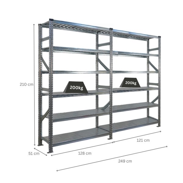 Metallregal mit fünf Böden und den Maßen 210 cm Höhe, 249 cm Breite und 51 cm Tiefe