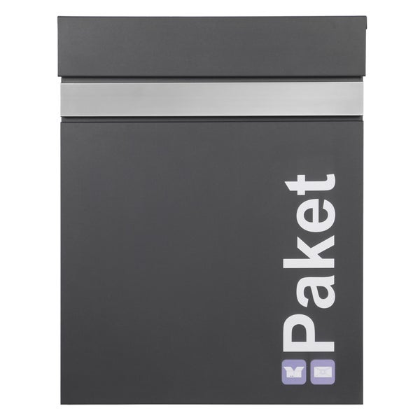 Anthrazitfarbener Paketbriefkasten aus Stahl mit vertikalem Paket-Schriftzug und Edelstahl-Zierleiste.