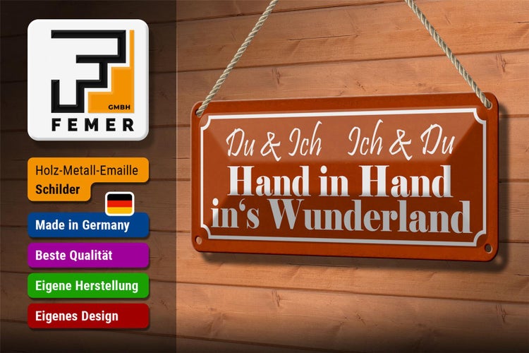 Blechschild Spruch 27x10cm Du Ich Hand in Hand Wunderland Dekoration