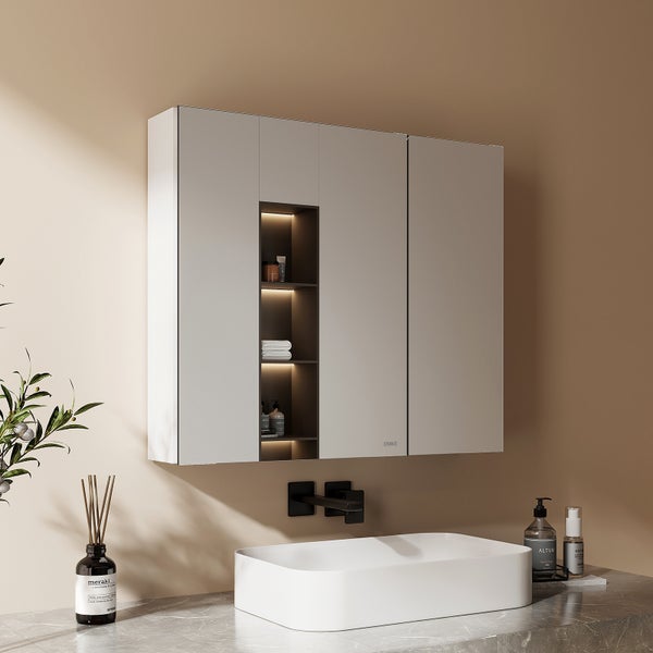 EMKE Spiegelschrank 75x65 cm, 2-türig, Weiß, mit 3 Ablageflächen, kupferfreies & rostfreies Spiegelglas, Dämpfscharniere, viel Stauraum, für Badezimmer