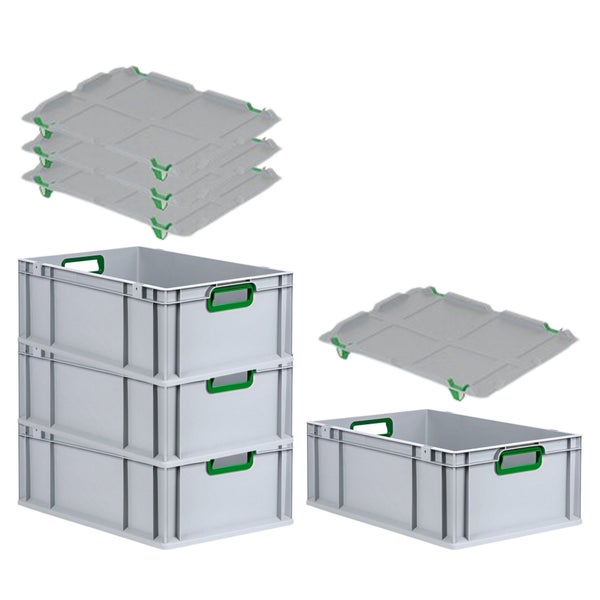 PROREGAL Spar Set 4x Eurobox Nextgen Color Mit Auflagedeckel & Schiebeschnappverschlüsse HxBxT 22 x 40 x 60 cm Griffe Grün Offen Verstärkter Boden