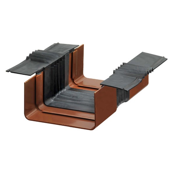 Brauner Dachrinnen-Dehnungsausgleich in Kastenform aus Kunststoff mit schwarzem Gummielement.