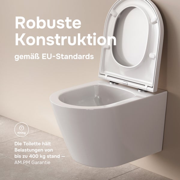 Wandhänge WC von AM.PM mit robuster Keramikkonstruktion, belastbar bis 400 Kilogramm gemäß EU Standards.