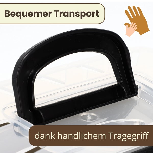 Detailaufnahme eines schwarzen Tragegriffs an einer transparenten Kunststoffbox für bequemen Transport.