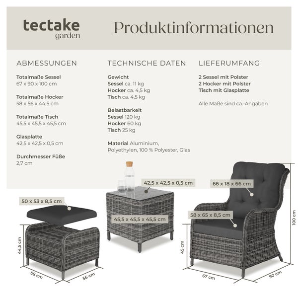 Rattan Sitzgruppe tectake Benissa mit Sicherheitsglasplatte für 2 bis 4 Personen grau-meliert/grau