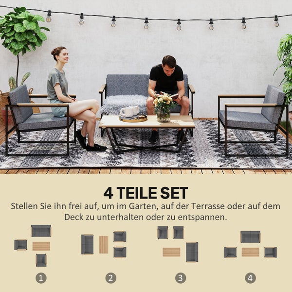 Outsunny Gartenmöbel Set 4 Personen wetterfest Balkonmöbel-Set mit 2er Sofa, 2 Stühle Sitzkissen Beistelltisch Outdoor Sitzgruppe Terrassenmöbel Gartengarnitur für Garten Terrasse Balkon Grau