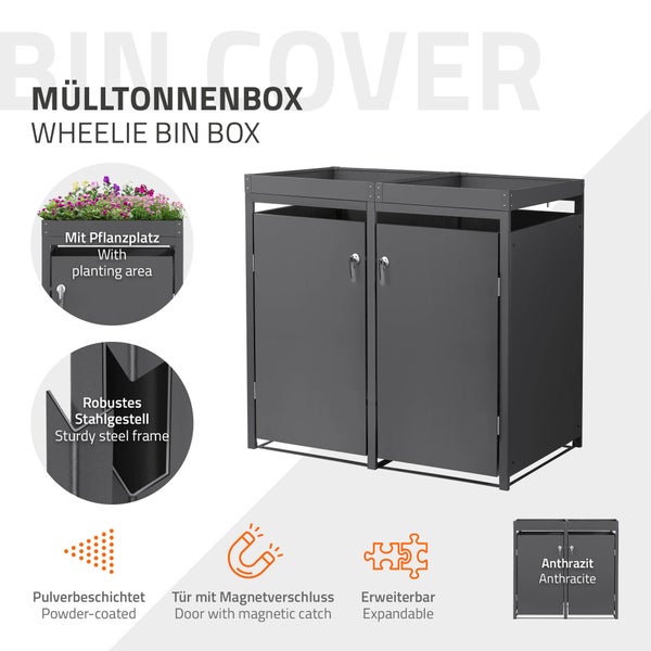 Mülltonnenbox für zwei Tonnen aus anthrazitfarbenem Stahl mit Pflanzdach, Magnetverschluss, robustem Gestell, pulverbeschichtet und erweiterbar.