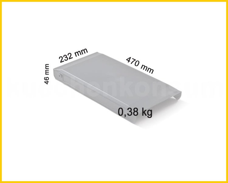 Graue Kunststoffschale mit 470 Millimeter Länge, 232 Millimeter Breite und 46 Millimeter Höhe bei einem Gewicht von 0,38 Kilogramm.