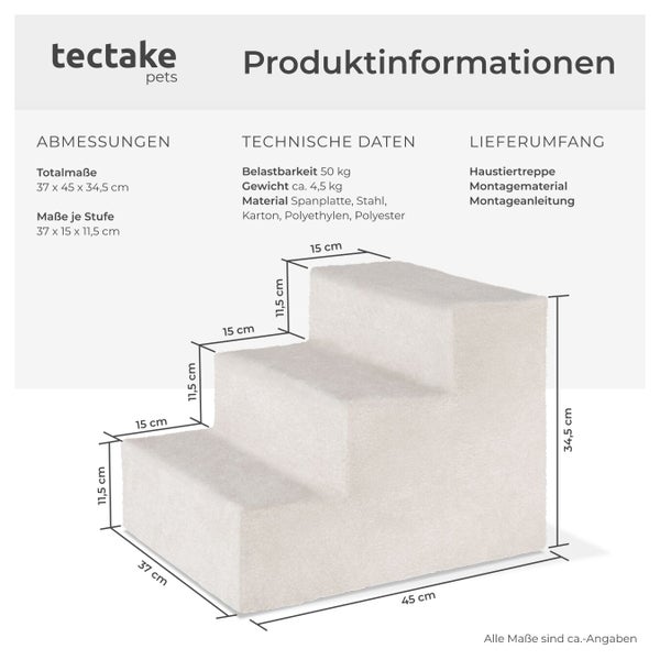 tectake Haustiertreppe mit Produktinformationen zu Abmessungen, technischen Daten und Lieferumfang