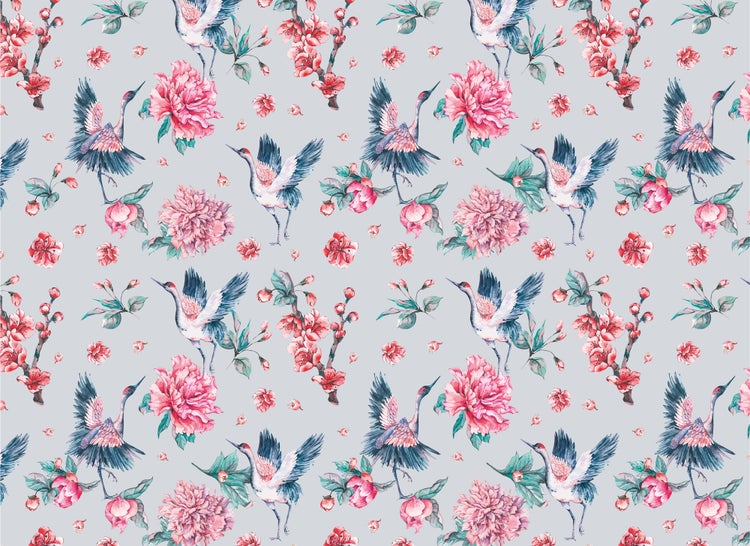 Tapete mit Kranich- und Blumenmuster im illustrativen Stil.