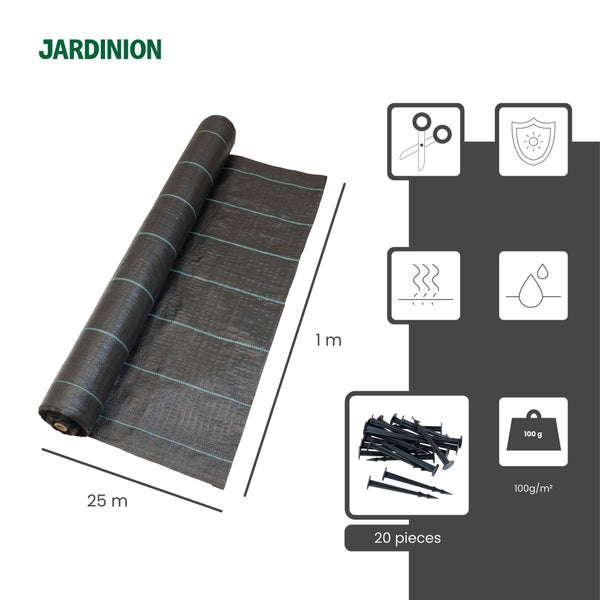Jardinion Unkrautvlies, 1 Meter breit, 25 Meter lang, inklusive 20 Befestigungsstifte