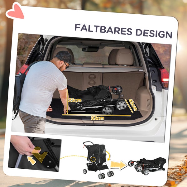 Zusammenklappbarer Kinderwagen im Kofferraum eines Autos mit den Maßen 25 cm Höhe, 83 cm Länge und 45 cm Breite