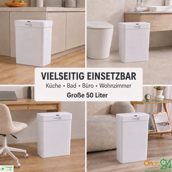 Zwei automatische Abfallbehälter mit Sensortechnik von Ondis 24 auf einer gewebten Matte stehend.