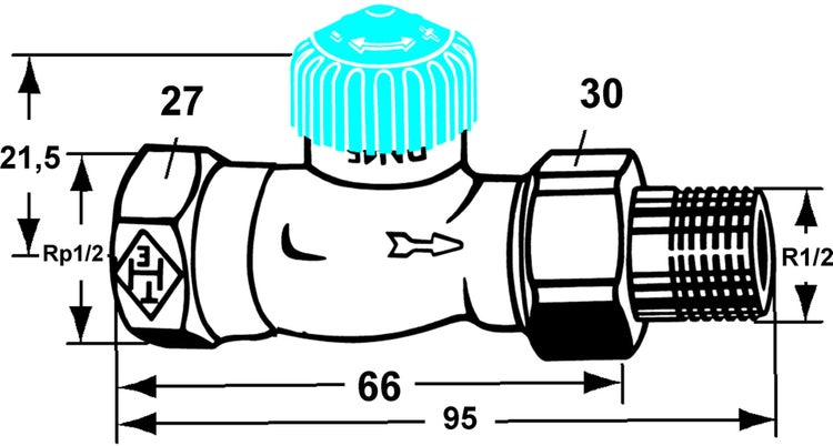 Maßzeichnung eines Heizkörperventils mit einer Gesamtlänge von 95 Millimeter, einer Einbaulänge von 66 Millimeter und Gewindegrößen Rp 1/2 und R 1/2.