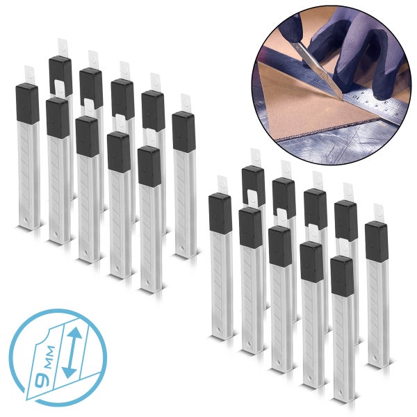 Abbrechklingen 9 Millimeter in Spendern, Anwendungsszene beim Schneiden von Karton mit Lineal und Schutzhandschuhen.