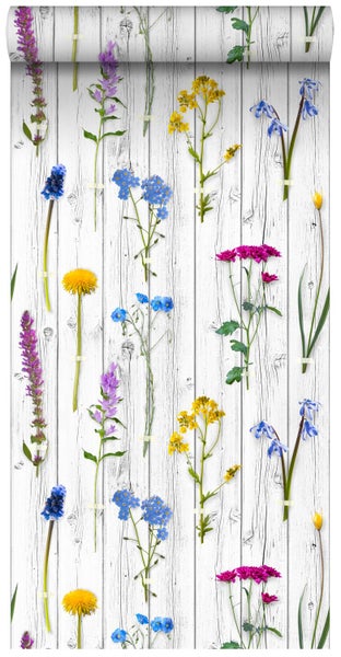 ESTAhome XXL-Vliestapete Feldblumen auf Holzplanken Hellgrau, Gelb, Blau und Bonbonrosa - 0,46 x 837 cm - 158828
