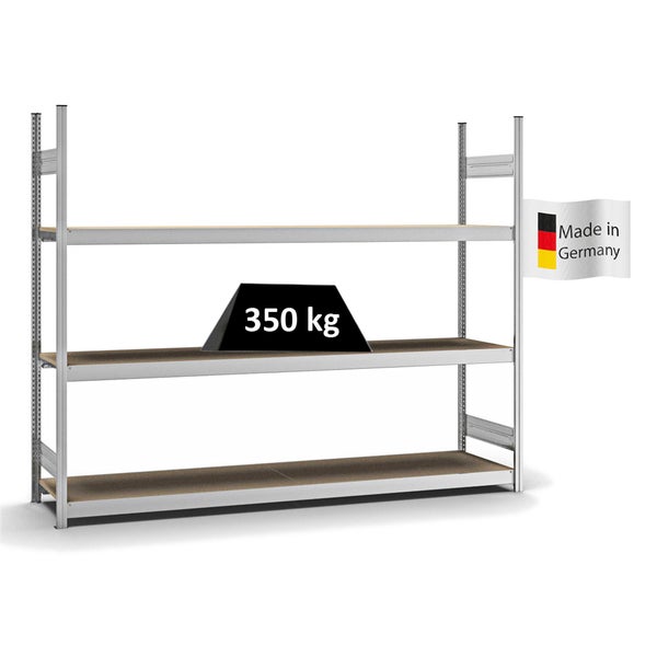 PROREGAL Weitspannregal Stecksystem T-Profil Grundregal HxBxT 200x250x50 cm 3 Ebenen Spanplatten Fachboden Fachlast 350 kg Verzinkt