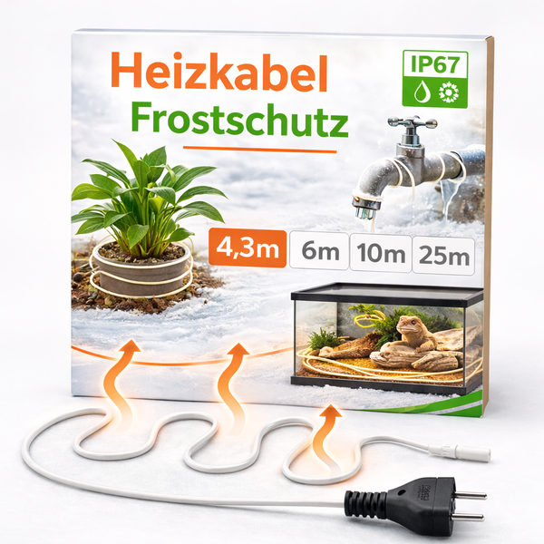 Heizkabel Frostschutz 4,3 Meter, staubdicht und wassergeschützt, für Pflanzen, Wasserhähne und Terrarien.