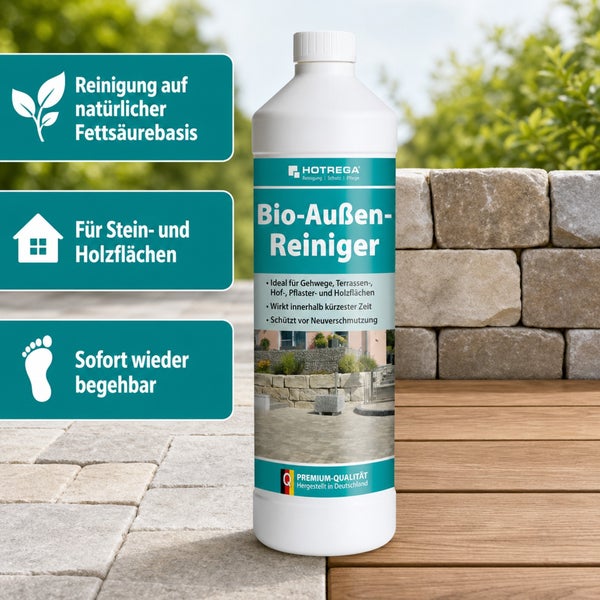 Hotrega Bio Außenreiniger in der Flasche zur Reinigung von Stein- und Holzflächen für den Außenbereich, natürlich und schnell wirksam.