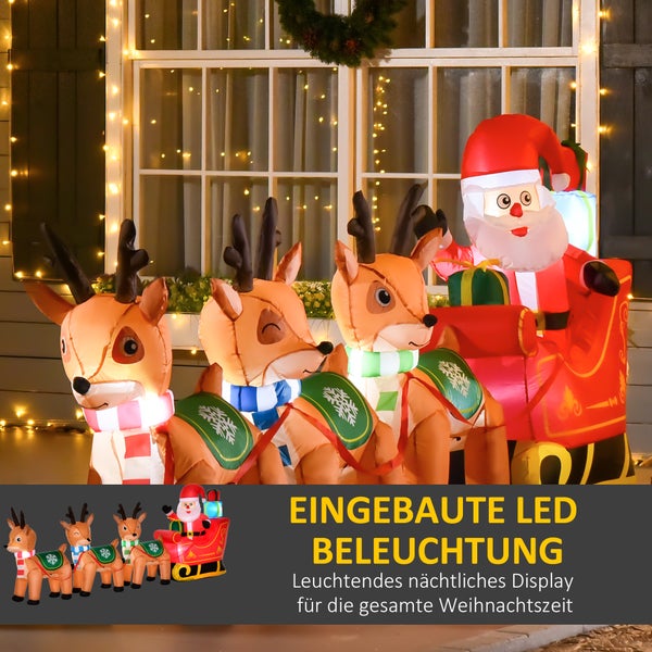 HOMCOM Aufblasbarer Weihnachtsmann auf Schlitten, mit 3 Hirschen, wetterfest, 319 x 59 x 132 cm, Polyester, Braun+Rot+Grün
