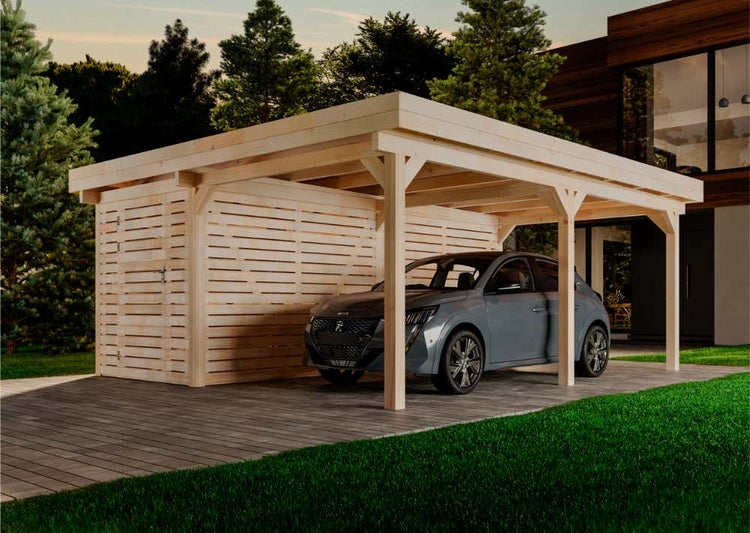 Alpholz Einzelcarport Lars Carport aus Holz, Unterstand inklusive Geräteraum, Überdachung mit Montagematerial, Naturbelassen
