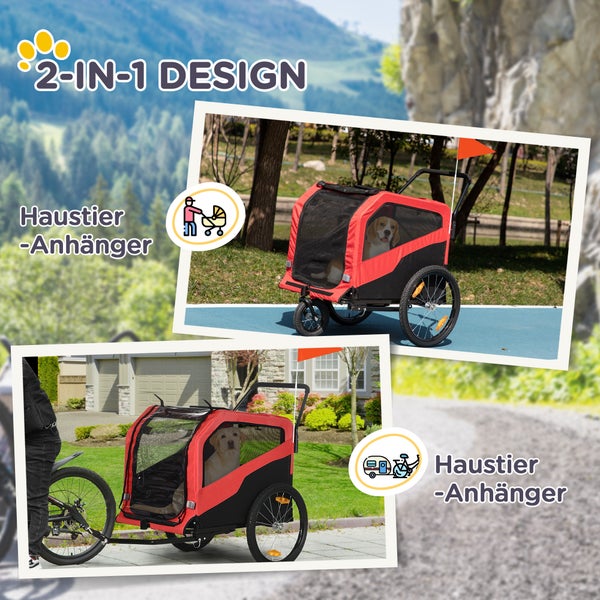 PawHut 2-in-1 Hundeanhänger, Fahrradanhänger für Hunde, Hundewagen mit Reflektoren, Hundebuggy max. 30 kg, Hundefahrradanhänger für Große Hunde, Oxford-Gewebe, Rot