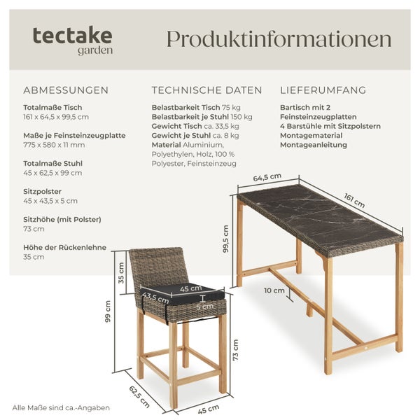 Rattan Tisch Lovas mit 4 Stühlen Latina tectake  Beine aus Holz mit Aluminiumgestellen natur