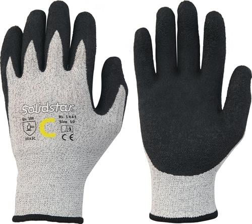 Schnittschutz-Arbeitshandschuhe Solidstar mit strukturierter Innenhandbeschichtung, Größe 10, geprüft nach Norm EN 388 für mechanische Risiken.