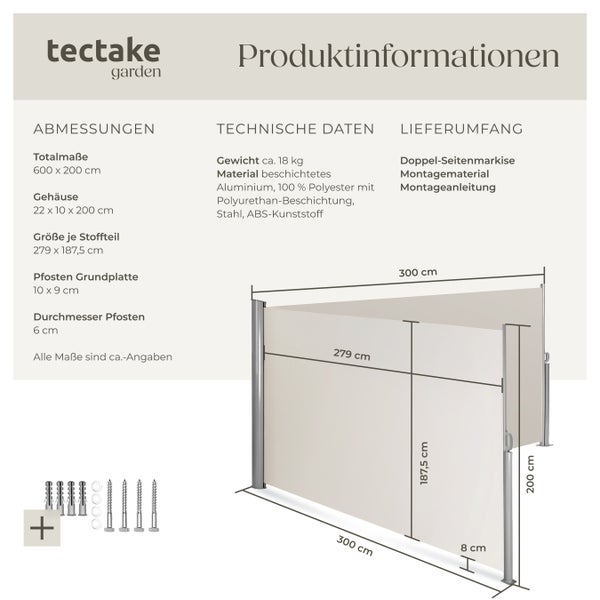 Doppel-Seitenmarkise tectake  200 x 600 cm aus Aluminium beige
