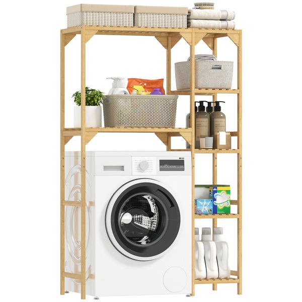 Waschmaschinenregal aus Bambus mit Ablagen für Körbe, Handtücher und Waschmittel über einer Waschmaschine, platzsparende Badaufbewahrung.