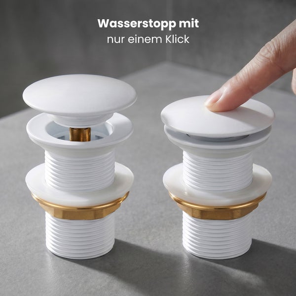 Pop-up Waschbecken Ablaufventil mit Klick-Verschluss, Darstellung der offenen und geschlossenen Position.