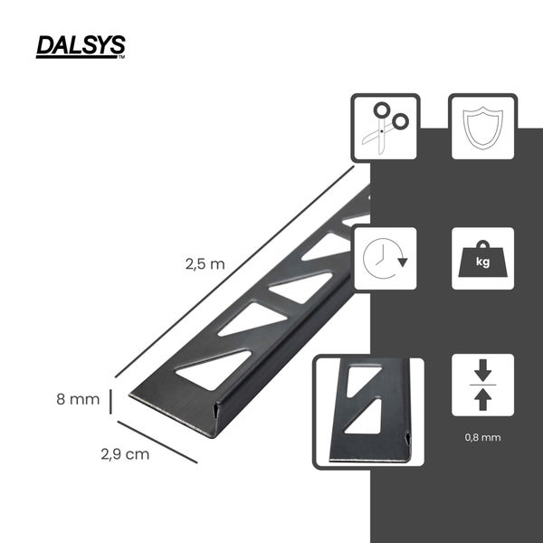 DALSYS Logo. Edelstahl-Fliesenschiene, 2,5 Meter, 2,9 Zentimeter, 8 Millimeter, Stärke 0,8 Millimeter. Anpassbar, Schutz, Zeitersparnis, belastbar.