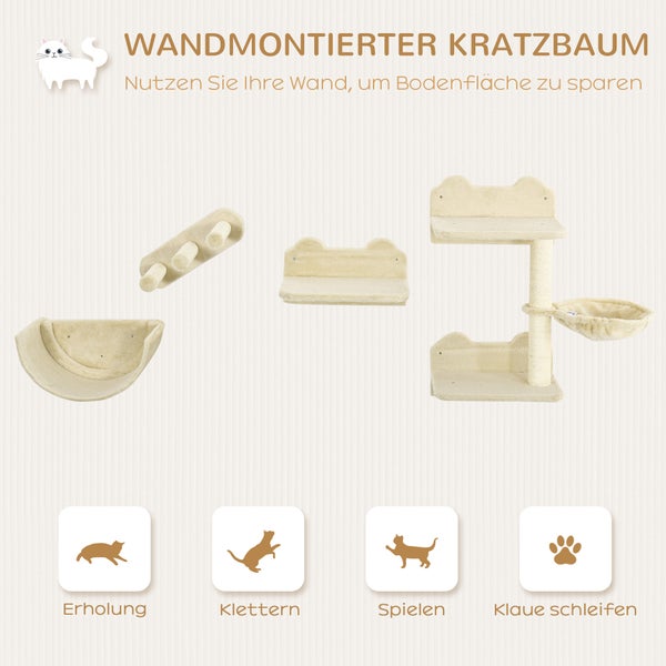 PawHut Katzen Kletterwand 4 tlg. Klettern Katzenkratzbaum mit Kaztentreppe, Hängematte, Sprungplatt, Wandkratzbaum, Wand Katzenmöbel für Katzen bis 5 kg, Polyester, Beige