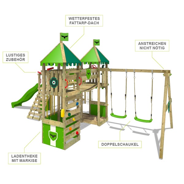 Fatmoose Spielturm Klettergerüst FunnyFortress mit Doppelschaukel, Brücke und Rutsche – apfelgrün
