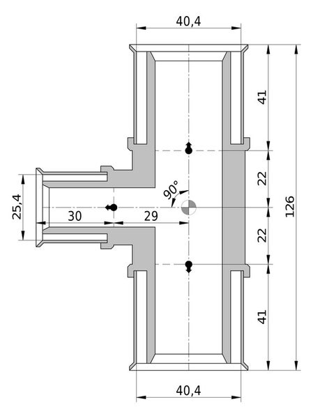 Technische Zeichnung eines T-Verbinders mit Maßangaben in Millimeter, zeigt eine Höhe von 126 Millimeter und einen 90 Grad Winkel.