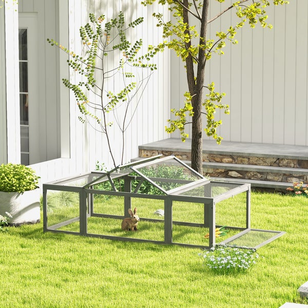 PawHut Hasenstall Kaninchenstall aus Tannenholz Winterfest Hasenkäfig mit aufklappbar Dach 180x90x48 cm Kaninchenkäfig Outdoor Kleintierstall für Kleintiere Hasen Kaninchen Meerschweinchen Grau
