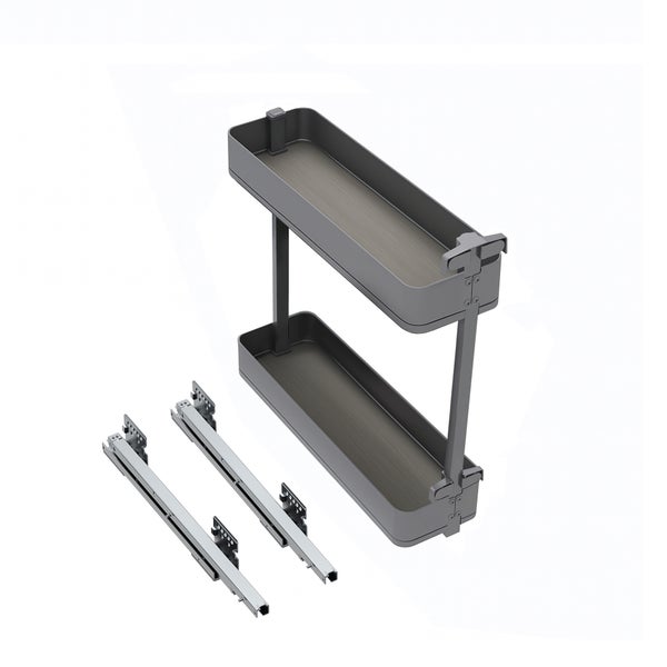 Zweistöckiger Schrankauszug aus Metall mit Böden in Holzoptik und Montageschienen.